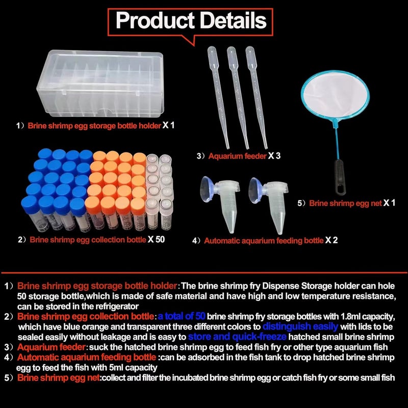 Saricho Brine Shrimp Egg Dispense Storage Kit with 50 Egg Collection Bottles, Holder, 3 Aquarium Feeders, 2 Automatic Feeding Bottles, Collecting Net - Image 2